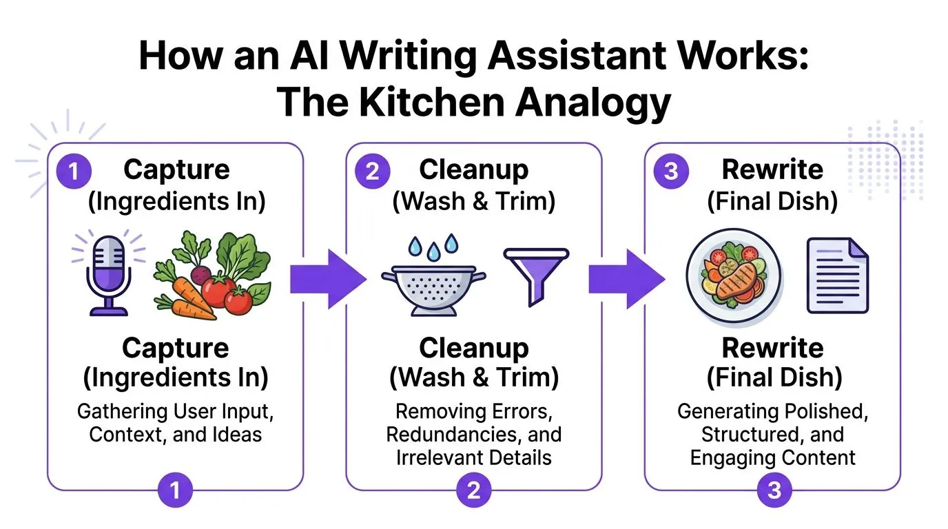 A diagram explaining how an AI writing assistant works using a three-step kitchen preparation analogy.