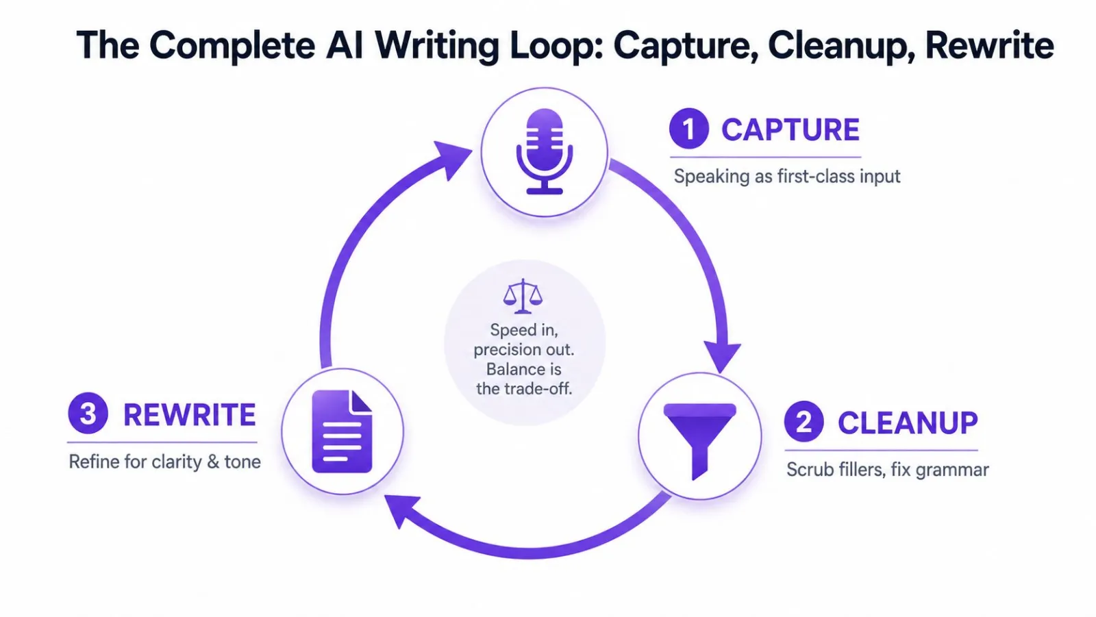 A circular diagram illustrating the AI writing process consisting of capture, cleanup, and rewrite stages.