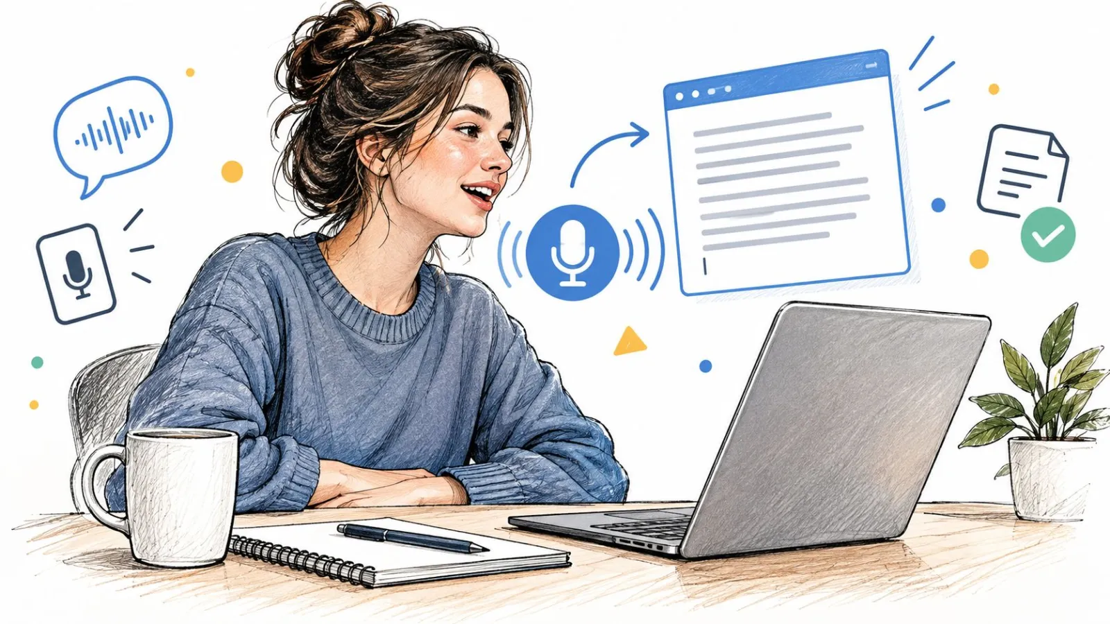 Illustration of a person dictating to a laptop as their speech appears as typed text in a document