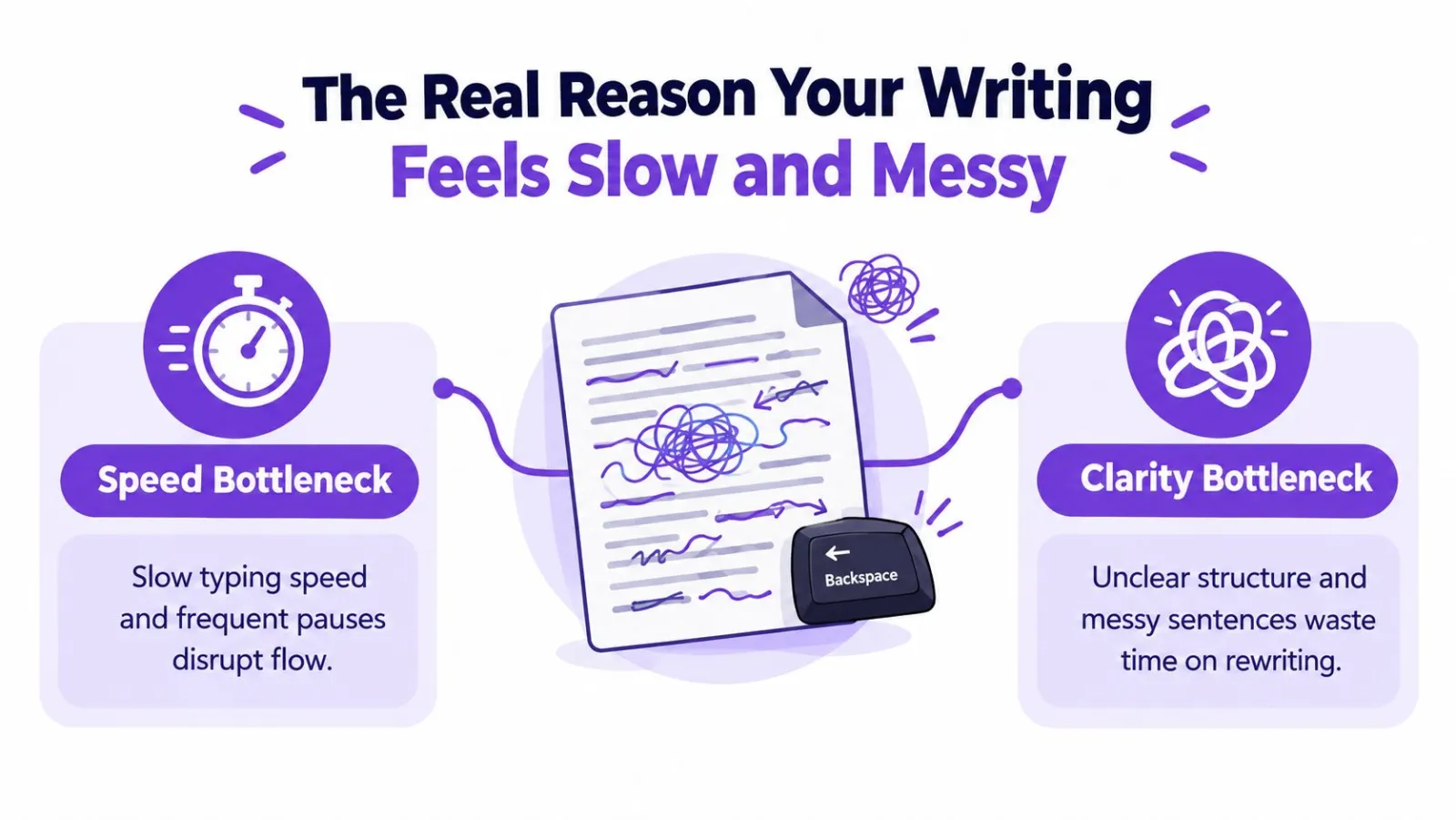 An infographic illustrating how writing speed and clarity bottlenecks cause slow, messy writing with frequent corrections.