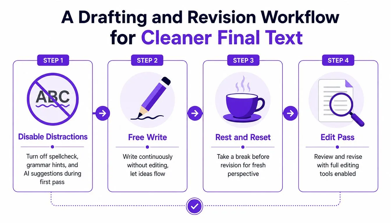 A four-step infographic illustrating a drafting and revision workflow for writers to create cleaner final text.