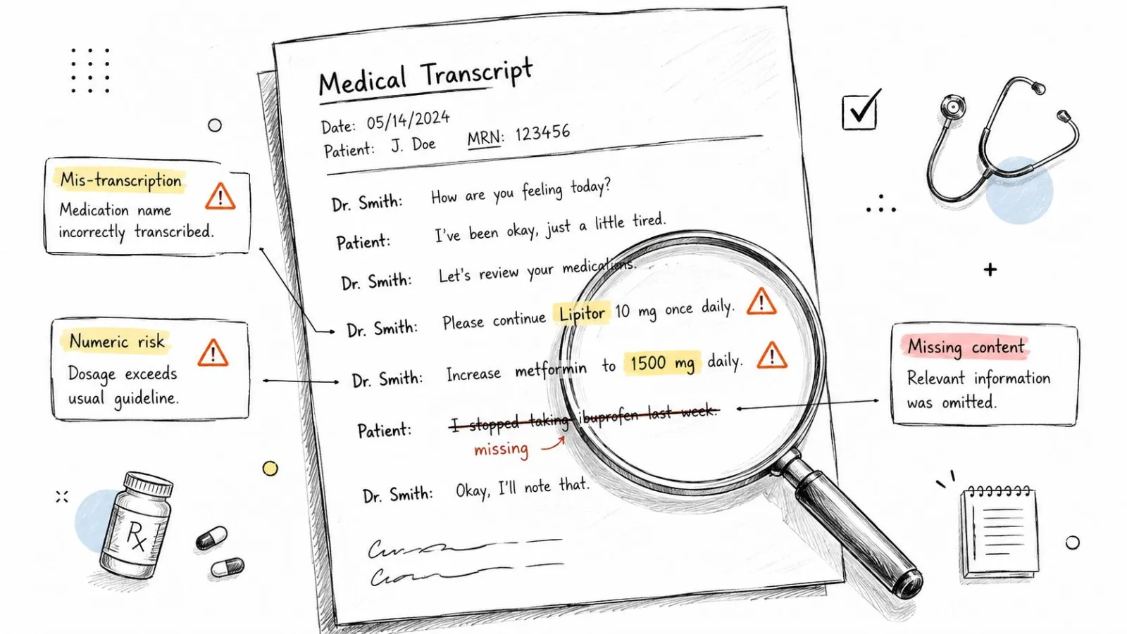 A conceptual illustration highlighting common transcription errors and risks in automated medical documentation and voice-to-text processes.