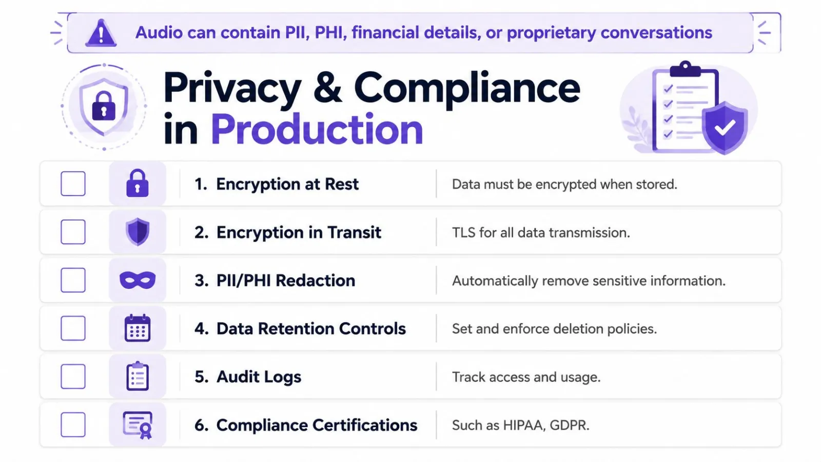 An infographic outlining six key privacy and compliance steps for processing audio data in production environments.