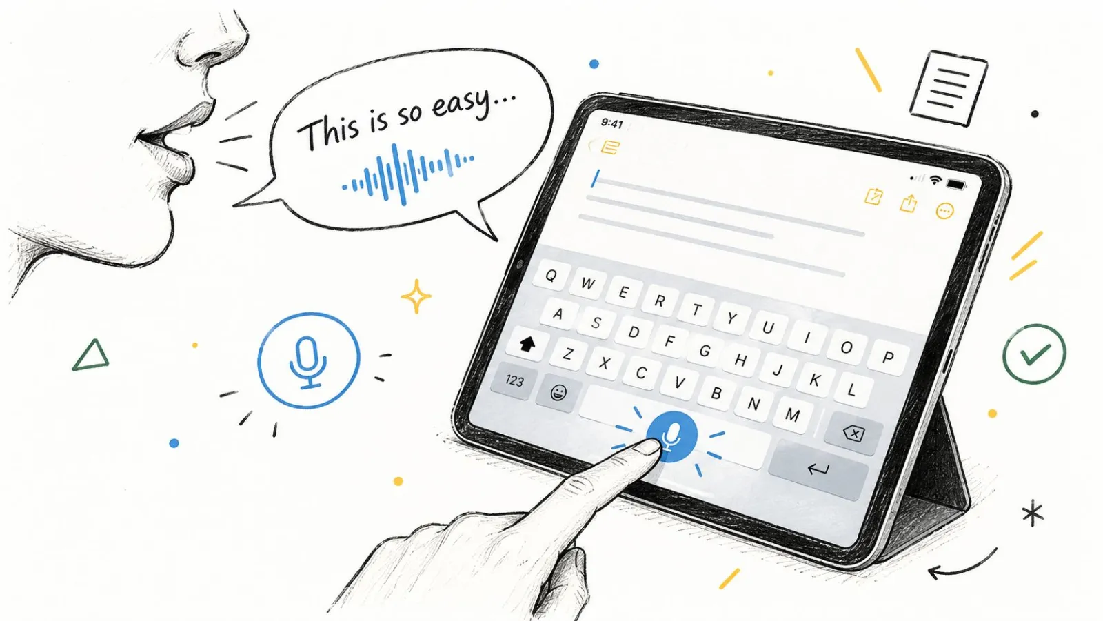 A hand touches a microphone button on an iPad keyboard while a person speaks speech to text.