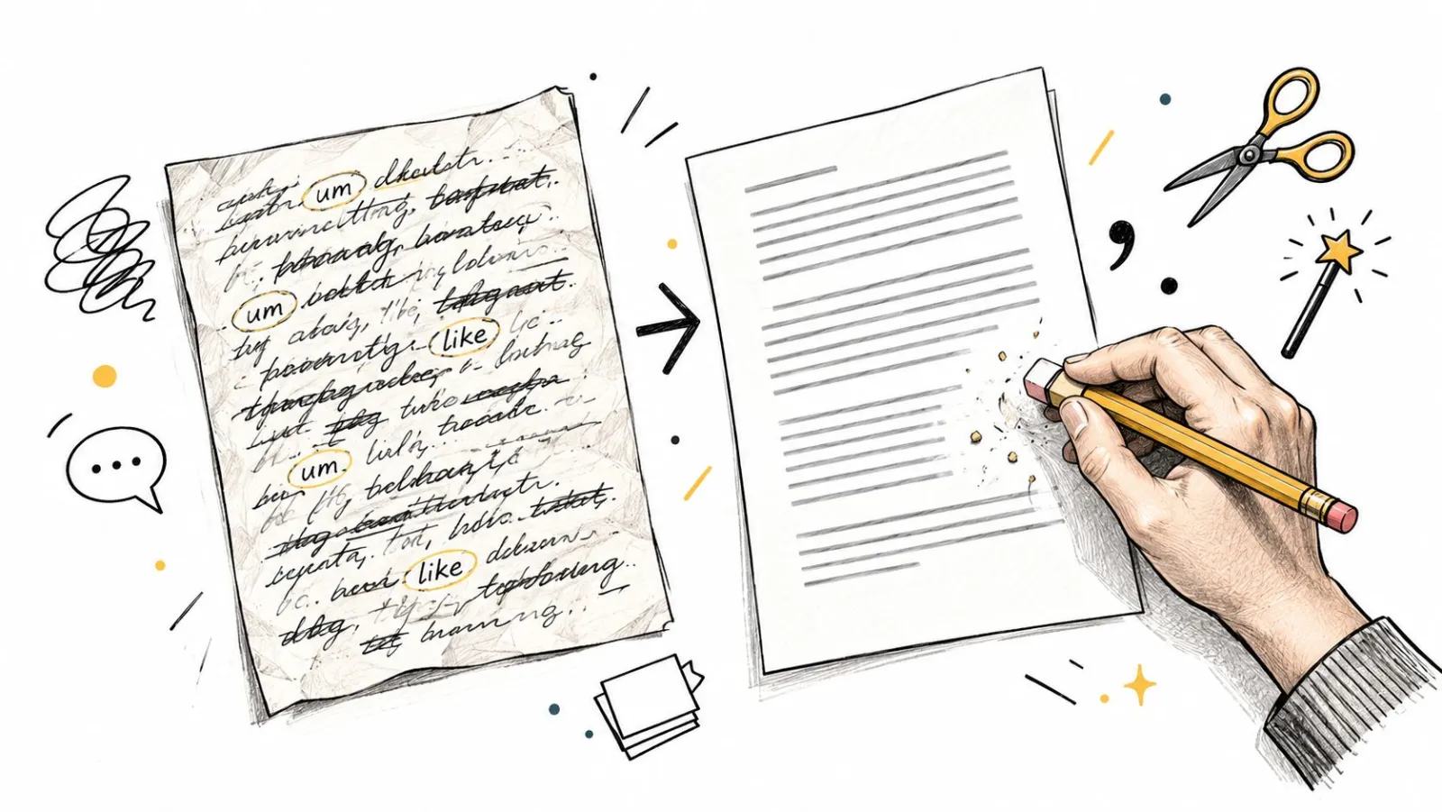 A hand using an eraser on a document to remove filler words like um and like.