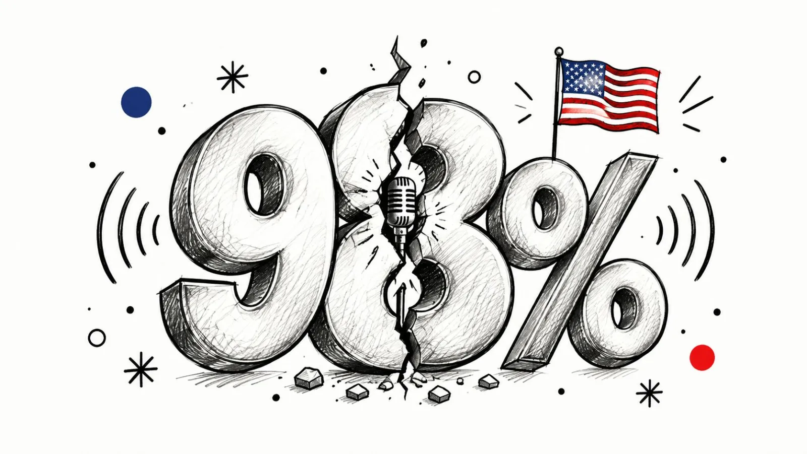 A hand-drawn illustration featuring the text 98% with a microphone splitting the numbers and an American flag.