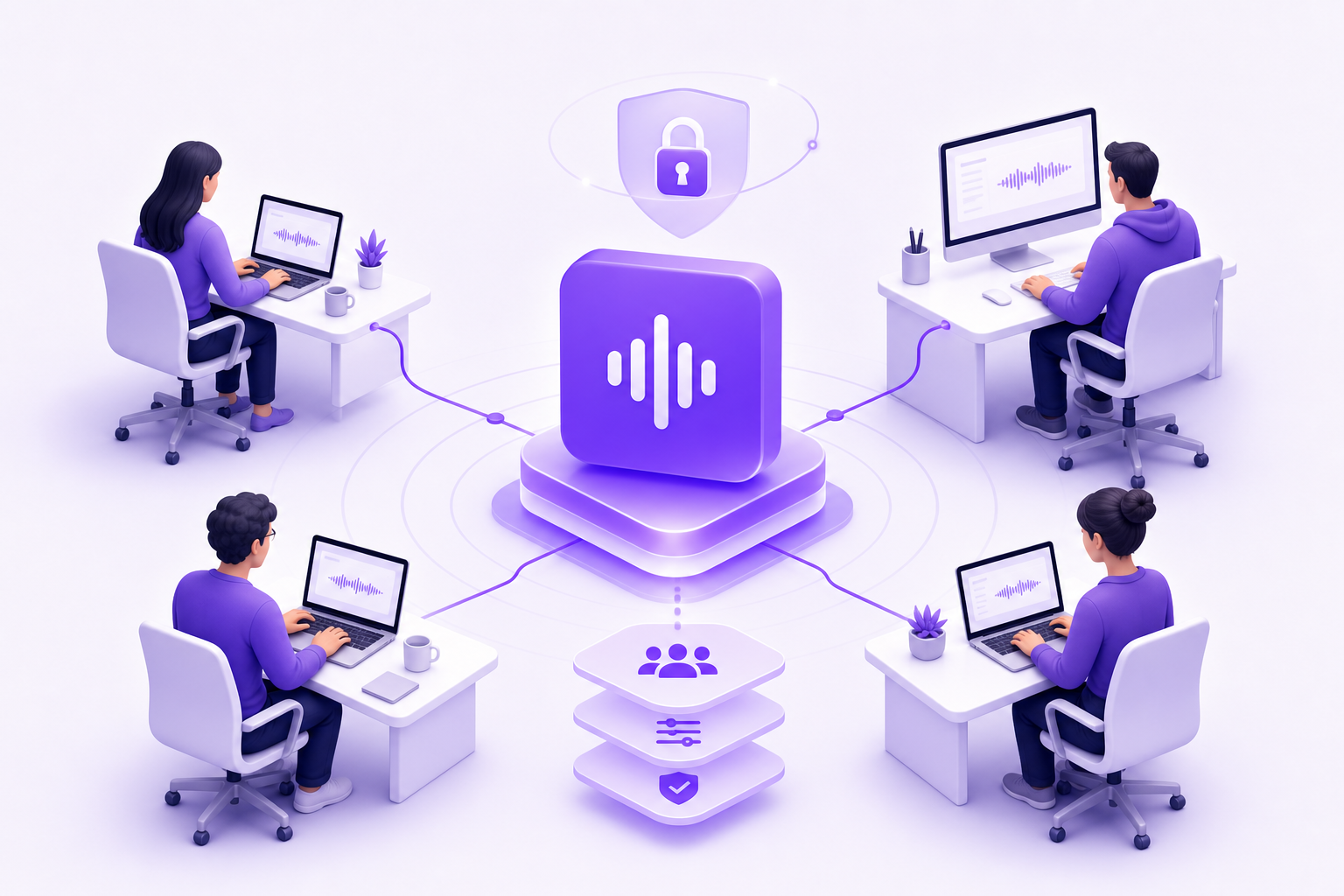 A business team at work in a modern office, representing cross-platform voice typing deployment for teams