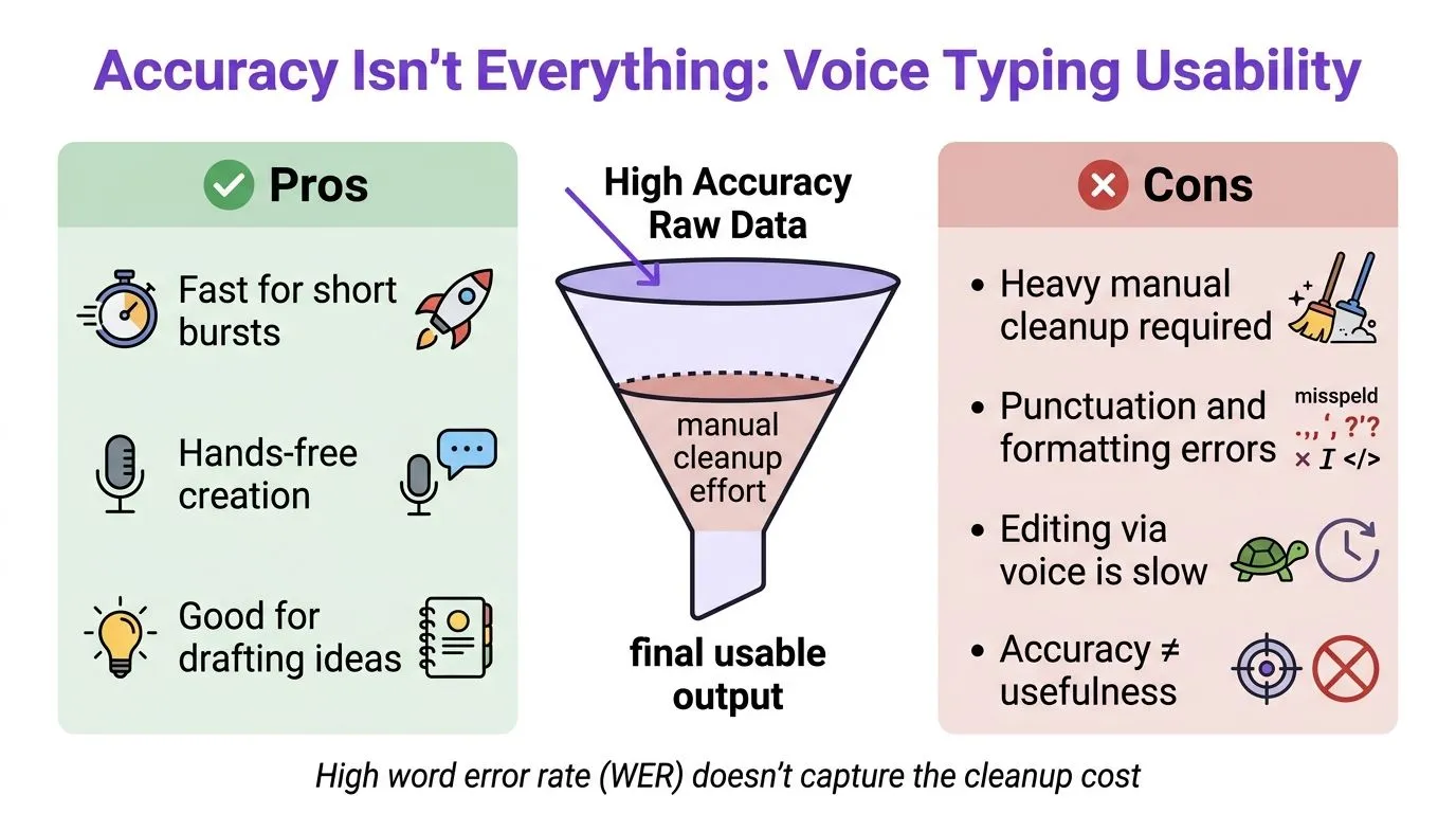 A visual comparison infographic showing the pros and cons of using voice typing for productivity.