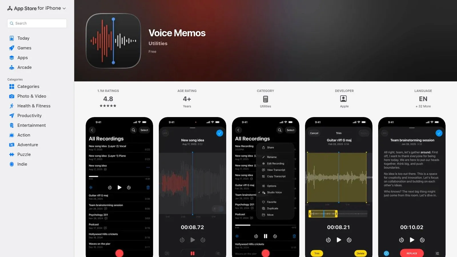 Apple Voice Memos (built in)
