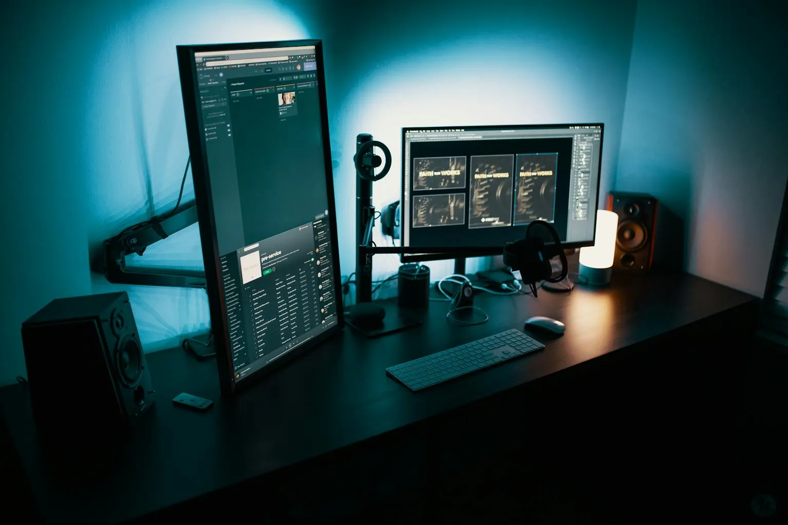 A dimly lit desk with two monitors showing a writing and messaging workspace