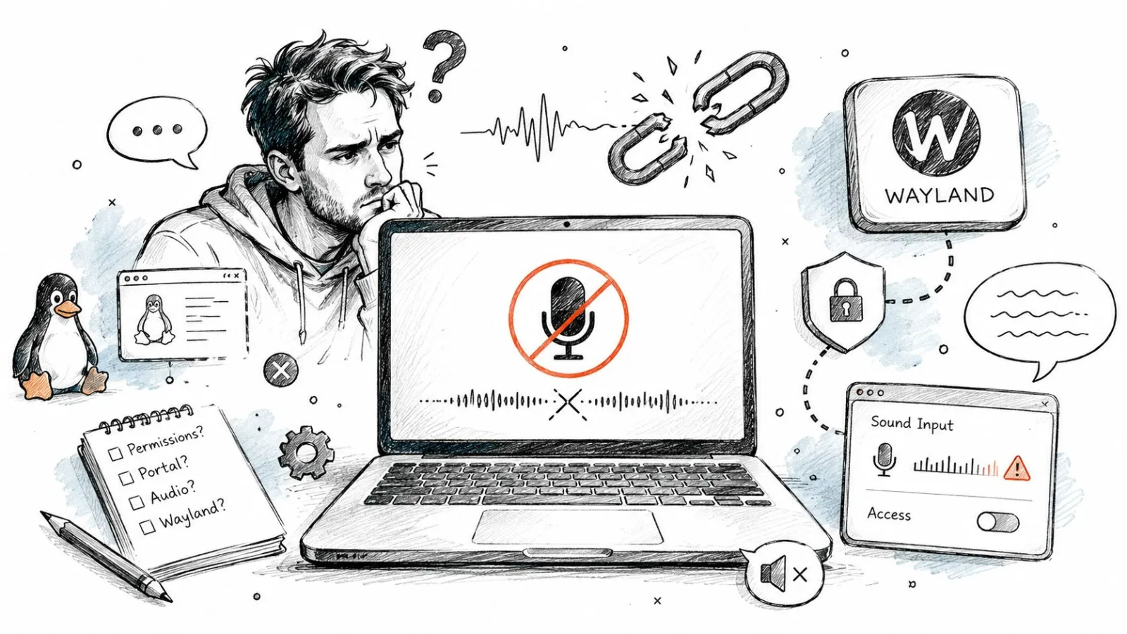 A concerned person troubleshooting voice typing issues on a Linux laptop with Wayland audio and permission problems.