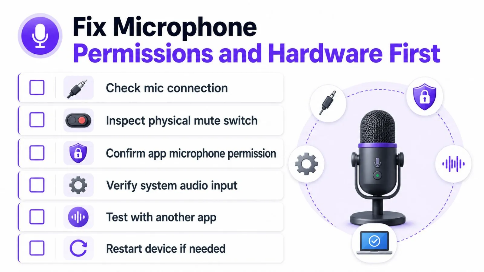 An infographic checklist for troubleshooting microphone issues including checking hardware connections, mute switches, and application permissions.