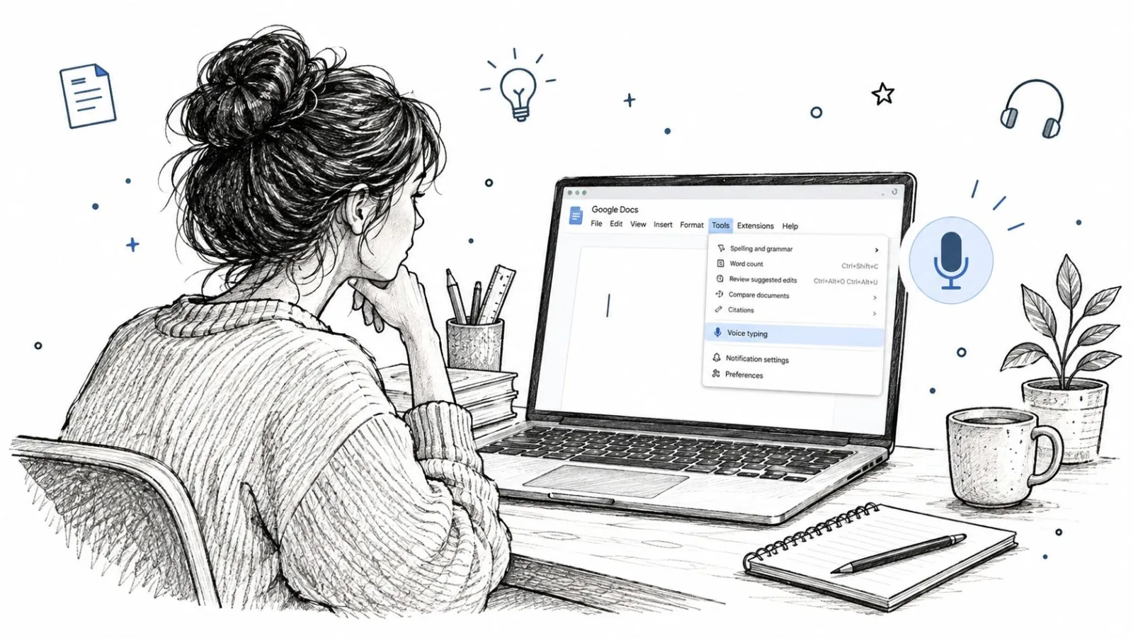 A woman sketching at her desk, using voice typing on Google Docs on her laptop computer.