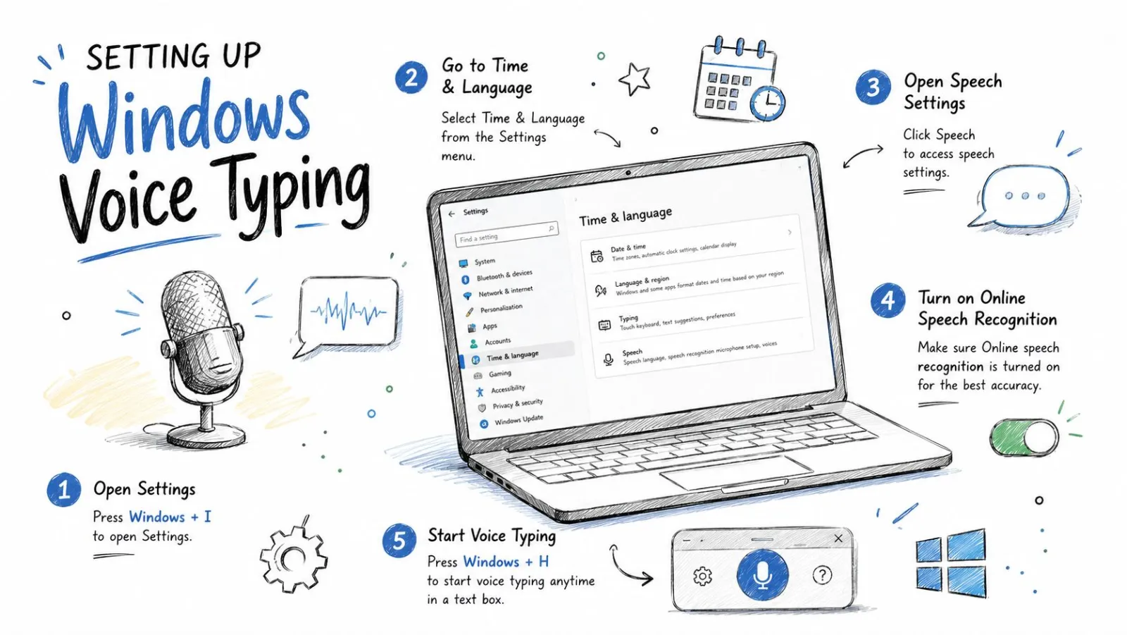 Illustrated guide to setting up Windows voice typing: open Settings, go to Time & language, open Speech, turn on online speech recognition, then press Windows + H