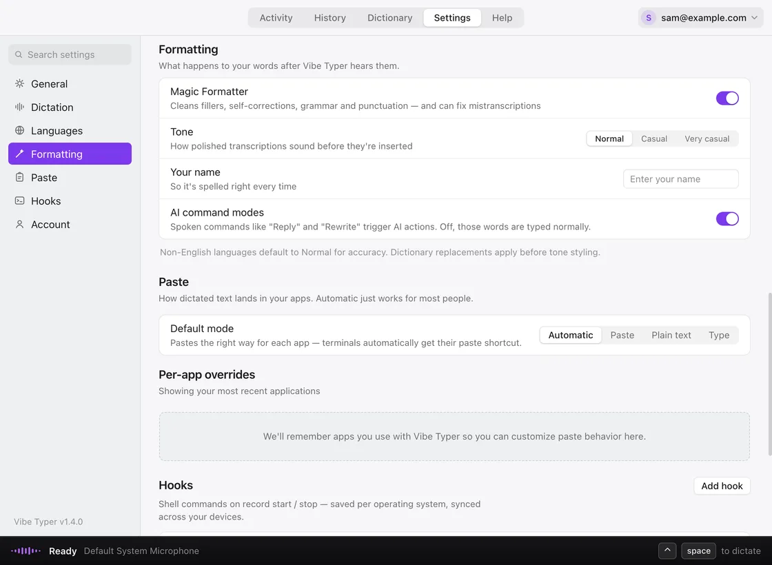 The Vibe Typer Formatting settings screen, showing the Magic Formatter switch, a tone control set to Normal, AI command modes, and a dictionary of spoken phrases mapped to the text they become, such as “super base” to “Supabase”.