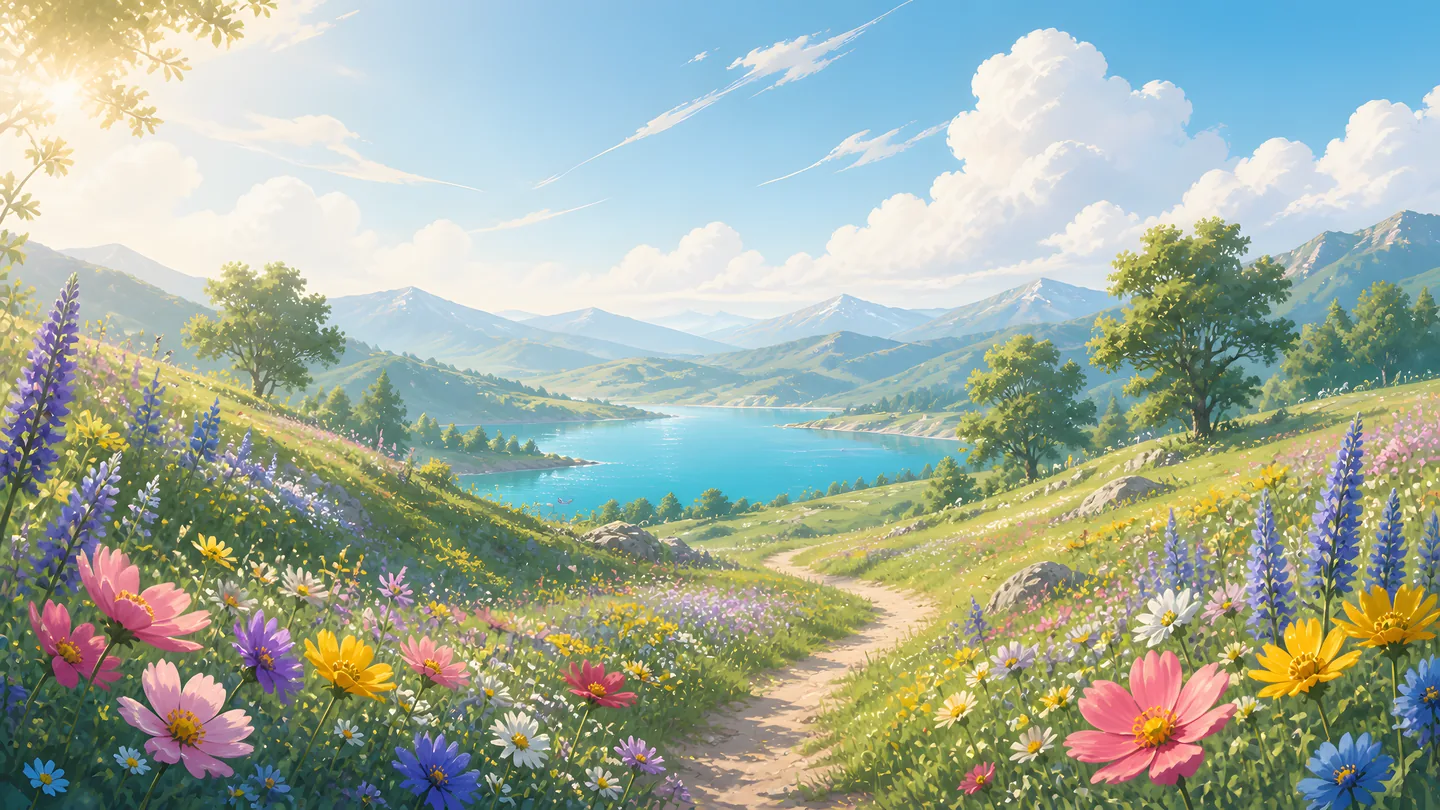 Illustration of a path beside a lake, the Vibe Typer hero artwork